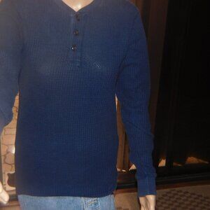 Men’s Waffle-Knit Henley Sweater – Navy Blue, Size Small